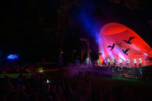 Szanty na Starówce - 25.08.2023 - Zespół Pioruners podczas koncertu na scenie tarnowskiego Amfiteatru z udziałem publiczności.