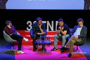 39. TNF: Dzień 6 (4.06.2025) - Na scenie Marzenia od lewej: Kuba Armata, scenarzysta Grzegorz Łoszewski, aktor Marcin Dorociński podczas spotkania z publicznością po projekcji filmu "Minghun"